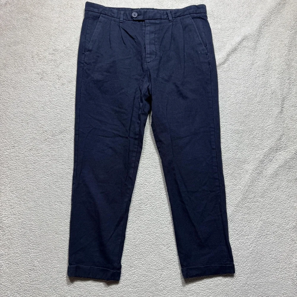 AllSaints Pants Mens 32 Black Pleated Cotton Wool Button Fly Chino Trousers Crop